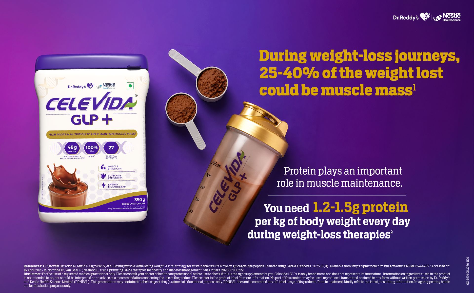 Celevida GLP+ - High protein support for lean muscle preservation during GLP-1/GIP therapies | 24gm protein per serving (predominantly WHEY isolate sourced from Europe) | Contains 100% RDA BCAA - Chocolate Flavour - 350 gm