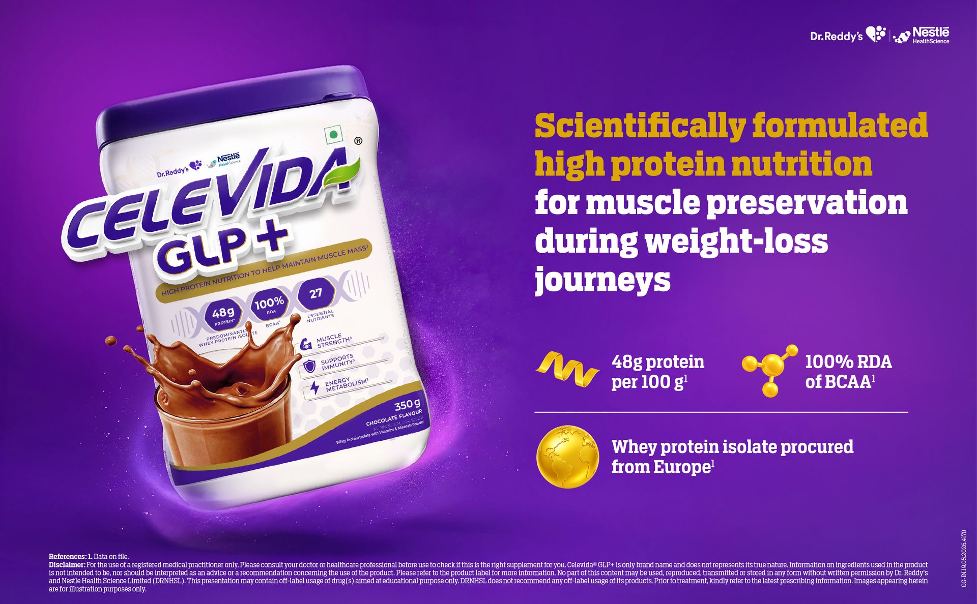 Celevida GLP+ - High protein support for lean muscle preservation during GLP-1/GIP therapies | 24gm protein per serving (predominantly WHEY isolate sourced from Europe) | Contains 100% RDA BCAA - Chocolate Flavour - 350 gm