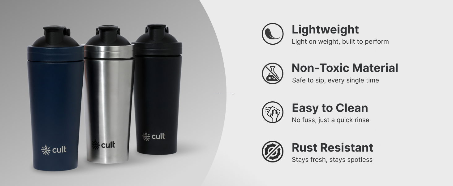 CULT Stainless Steel Shaker Bottle 700ML – Durable, Leak-Proof, BPA-Free Protein Shaker with Wire Mixer – Gym, Fitness, Travel & Daily Use – Lightweight & Easy to Clean - Silver