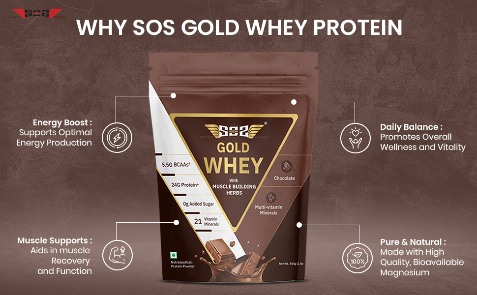 SOS Nutrition Gold Whey Protein Powder 454g (15 Servings) | 24g Protein, 5.5g BCAAs | With Ashwagandha & Musli | Gluten-Free, Lactose-Free | No Artificial Sweeteners | Muscle Recovery Protein
