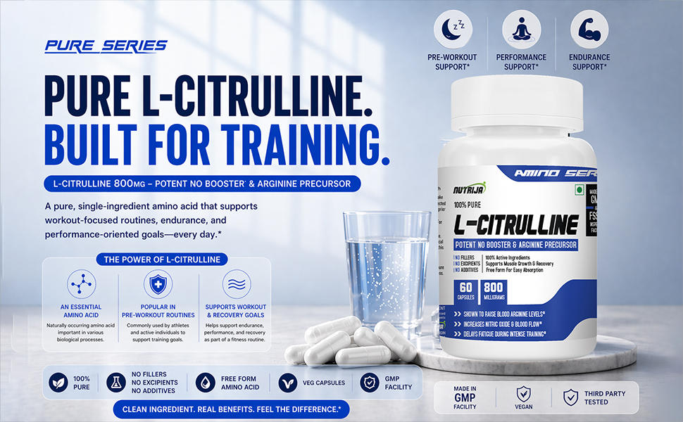 NutriJa L-Citrulline 800mg - 60 Veg Capsules | Potent Nitric Oxide (NO) Booster & Arginine Precursor | Pre-Workout Supplement for Muscle Pump & Blood Flow