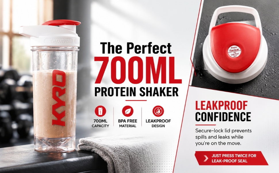 KYRO Terra 700ml Protein Shaker Bottle for Gym | Premium Whisk | 100% Leakproof, BPA-Free | Plastic Shaker with Whisk Ball | Dishwasher Safe | Gym Shaker | Sports Shaker Bottle for Men & Women