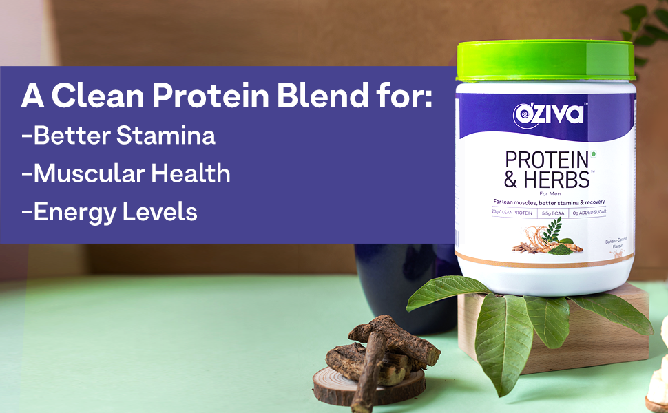 OZiva Protein & Herbs for Men, No Added Sugar, Green Tea, Cafe Mocha, 453g