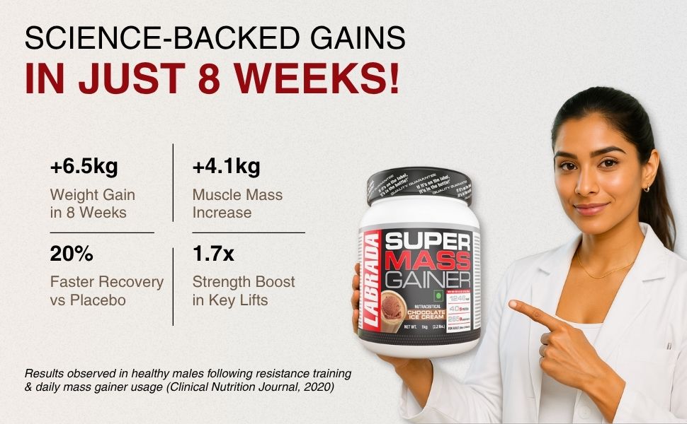 Labrada Super Mass Gainer 1kg | High-Calorie Protein Powder for Muscle Growth & Recovery |1246 Calories | 40g Protein | 265g Carbs | Malai Kulfi Flavor | 3g Creatine | 500mg Glutamine, 1000gm
