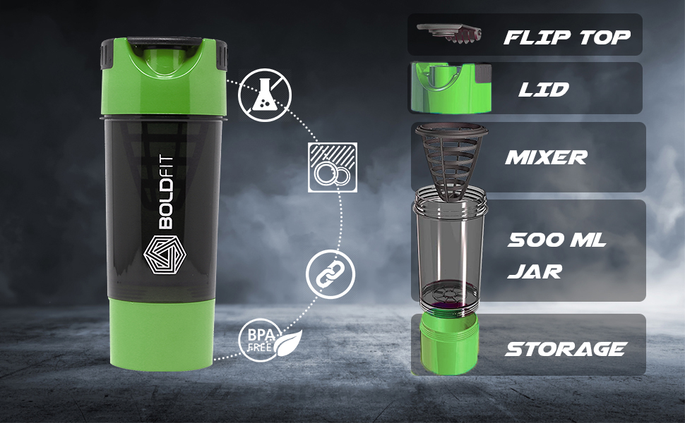 Boldfit Gym Shaker Pro Cyclone Shaker Bottle 500ml with Extra Compartment, Leakproof, Sturdy Ideal for Protein Supplement, Preworkout and BCAAs, BPA Free Sipper Bottle Shaker bottle for Gym