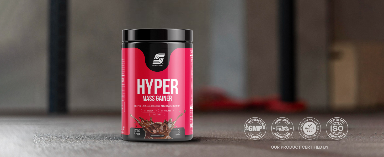 Sparkfusion Hyper Mass Gainer High Protein Muscle Building & Weight Gainer Formula | 16.8g Protein,58.80g Carbs,306 Calories With Milk for Muscle Support & Muscle Mass Gain | 1000 Gm | Chocolate Flavour