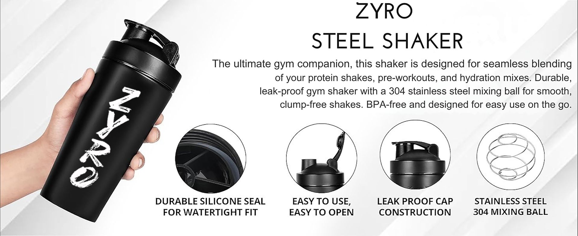 Zyro Premium Stainless Steel Gym Shaker Bottle | 750ML Leak-Proof Protein & Pre-Workout Mixer | Durable Sports Bottle with Steel Mixer Ball | Hot & Cold Compatible