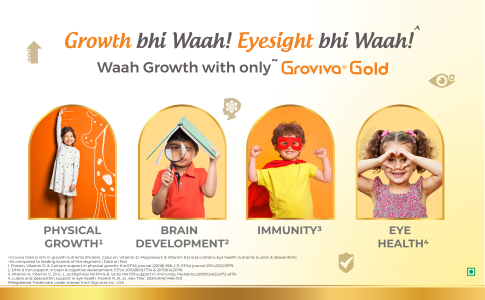 Groviva Gold Milk Protein Powder for Kids | 2-6 Years | 200g Chocolate Jar| 46 Nutrients | Growth & Digestive Nutrients | Supports Physical Growth, Brain Development, Immunity & Eye Health