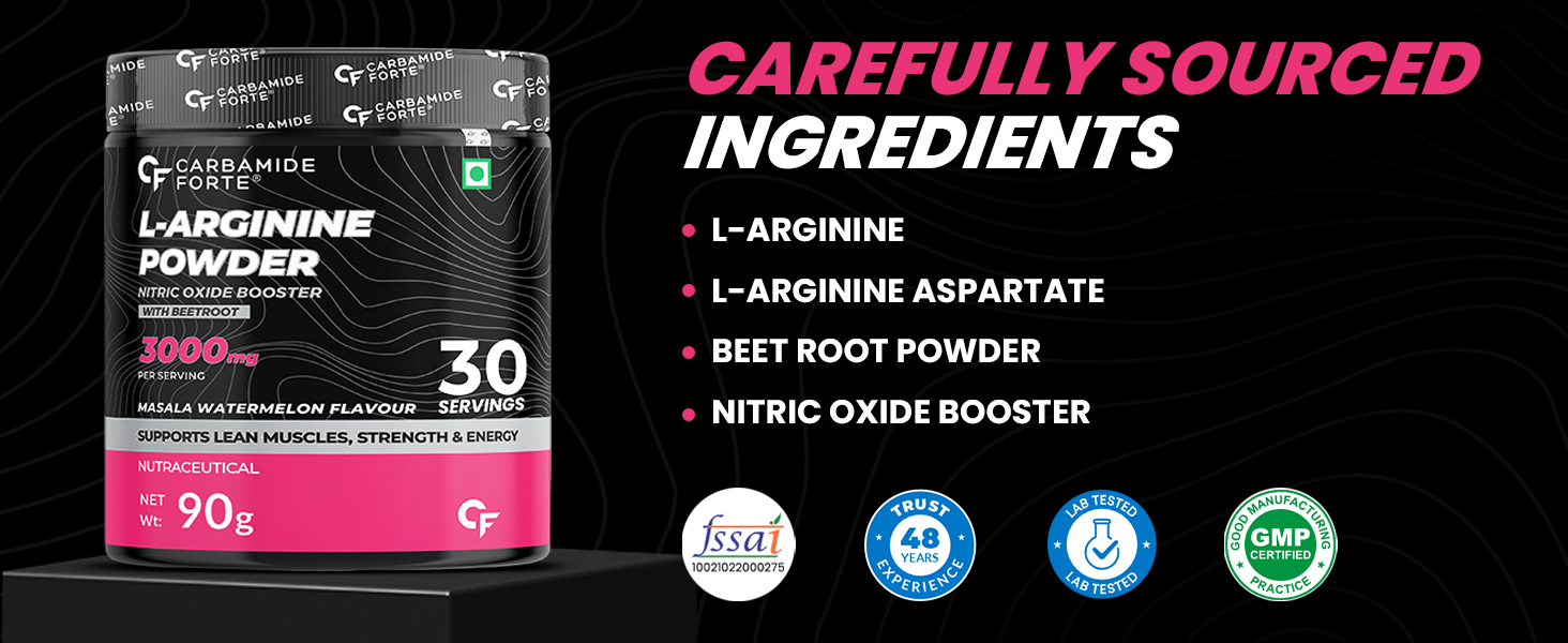 Carbamide Forte L Arginine Powder Supplement 3000mg | Pre-workout for men & women | L Arginine Supplement| Beet Root Powder - Strawberry - 90g