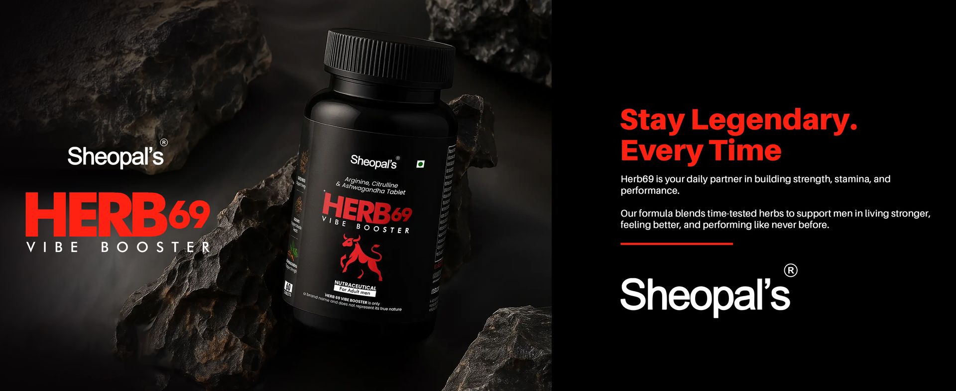 Sheopals Herb 69 Vibe Booster Supplement for Men with L-Arginine, L-Citrulline, Ginseng, Ashwagandha – 60 Caplets