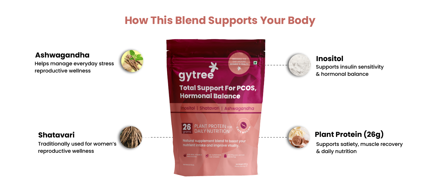 Gytree PCOS Plant Protein Powder | With Inositol for Hormonal Balance, Weight Management & Acne Support | 26g per Serving of Vegan Protein from Pea & Brown Rice | Cafe Mocha Flavor (400g)