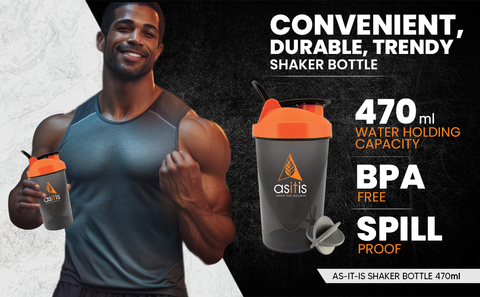 AS-IT-IS Nutrition ATOM Protein Gym Shaker for Lump free Shakes with Mixer Ball, 100% Leak proof, BPA Free, Food Grade Plastic, with Measurement, 470ml