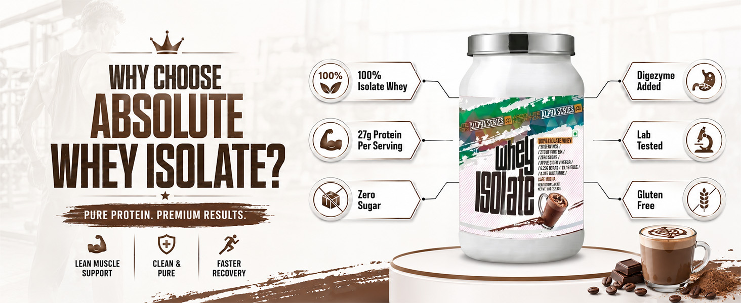 Absolute Nutrition Alpha Series Whey Protein Isolate Powder | 27g Protein per Serving | Zero Added Sugar | DigeZyme Digestive Enzymes | Apple Cider Vinegar | 1kg (Cafe Mocha)