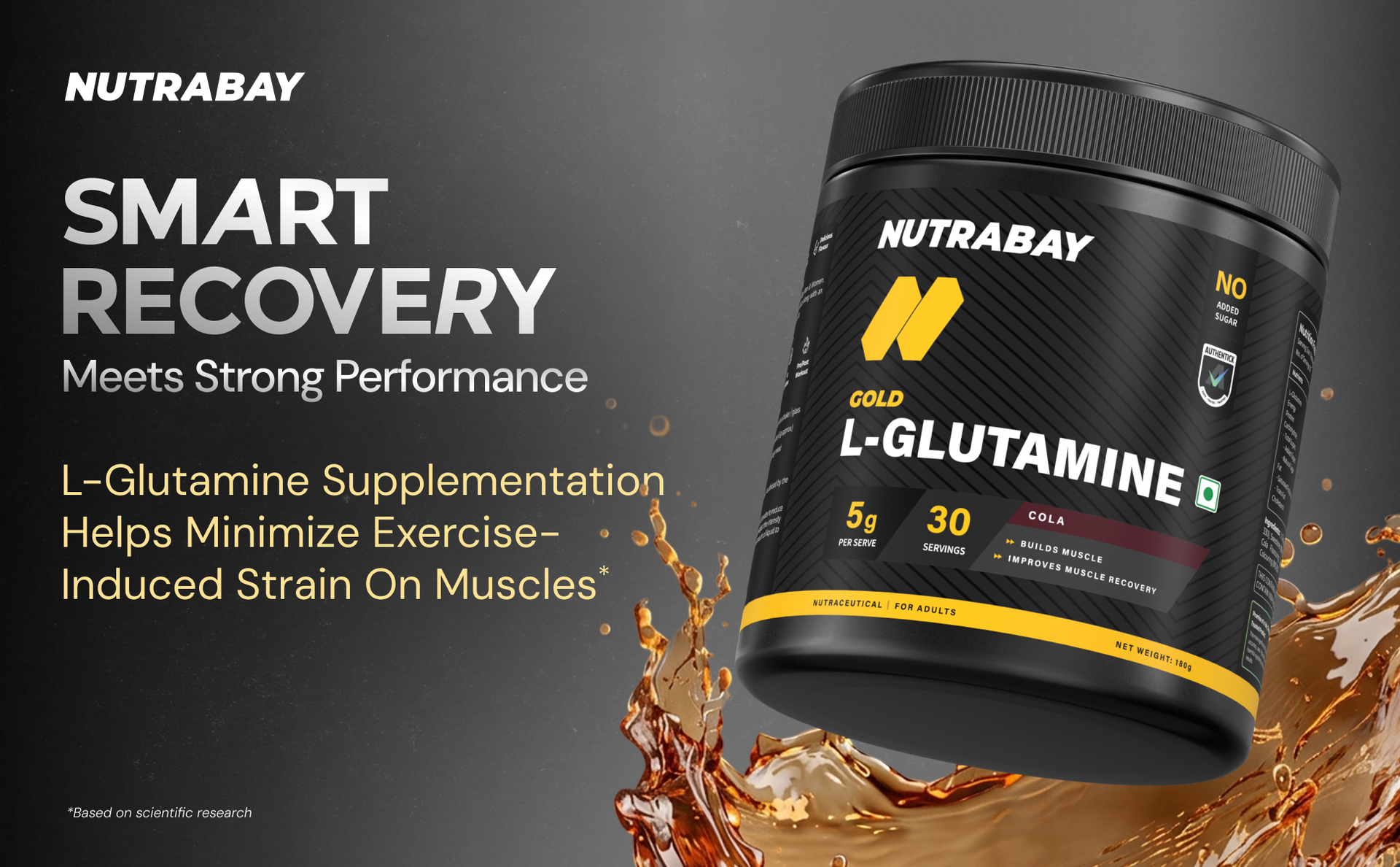 Nutrabay Gold L-Glutamine Supplement Powder 180g, Cola Flavor – Post Workout Amino Acid for Muscle Growth & Recovery | 100% Authentic Supplement | No Banned Substances | Tested for Purity