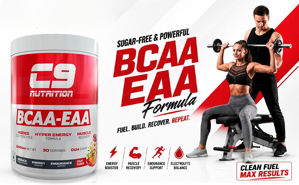 C9 NUTRITION BCAA EAA Powder with 5000mg BCAA, 9000mg EAA & 500mg L-Arginine | Sugar-Free Amino Acid Supplement with Electrolytes for Workout & Muscle Recovery | 30 Servings, Watermelon Flavour