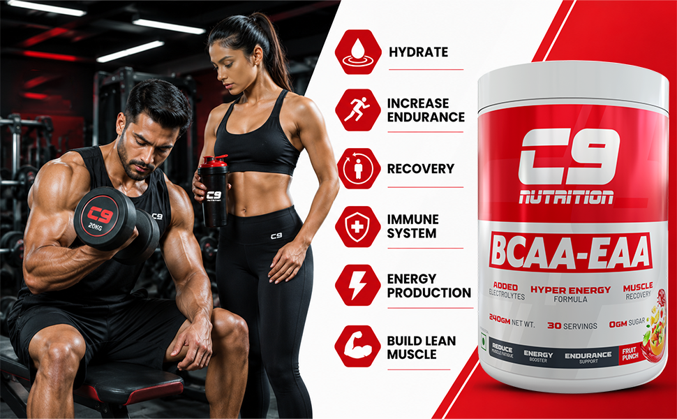 C9 NUTRITION BCAA EAA Powder with 5000mg BCAA, 9000mg EAA & 500mg L-Arginine | Sugar-Free Amino Acid Supplement with Electrolytes for Workout & Muscle Recovery | 30 Servings, Watermelon Flavour