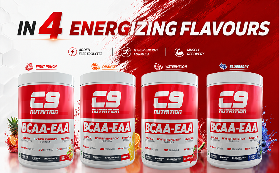 C9 NUTRITION BCAA EAA Powder with 5000mg BCAA, 9000mg EAA & 500mg L-Arginine | Sugar-Free Amino Acid Supplement with Electrolytes for Workout & Muscle Recovery | 30 Servings, Watermelon Flavour