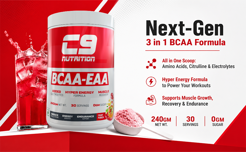 C9 NUTRITION BCAA EAA Powder with 5000mg BCAA, 9000mg EAA & 500mg L-Arginine | Sugar-Free Amino Acid Supplement with Electrolytes for Workout & Muscle Recovery | 30 Servings, Watermelon Flavour