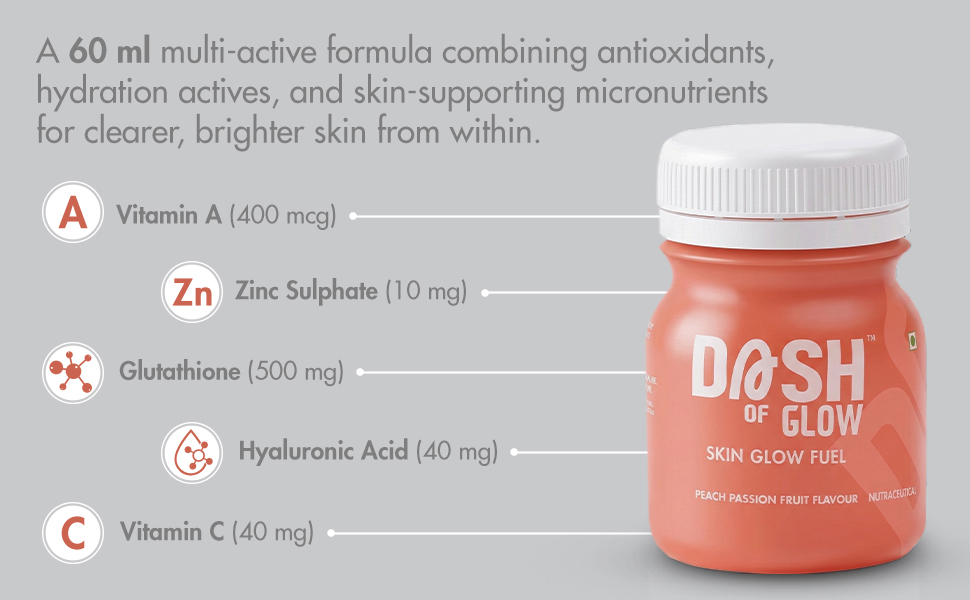 DASH OF GLOW Skin Glow Shots | Supports Pigmentation Control, Acne-Prone Skin & Hydration | Glutathione, Hyaluronic Acid & Vitamin C | Pack Of 30 (30 X60 ML) Wellness Shots