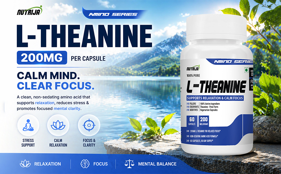 NutriJa L-Theanine 200MG 60 Capsules | Promotes natural Relaxation, Restoration and Relief of Stress | Reduces anxiety & Support Brain Health (60 Capsules), 80 grams