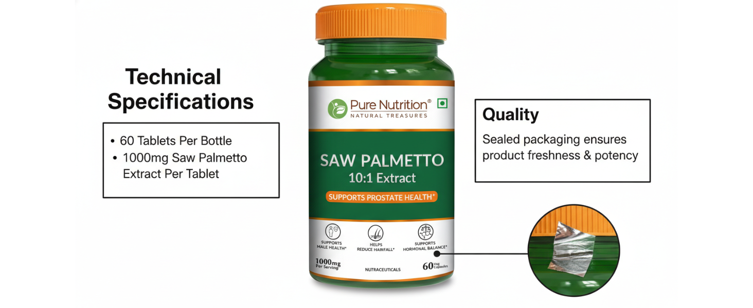 Pure Nutrition Saw Palmetto 1000mg Extract | 60 Veg Capsules | Supports Prostate Health | Boosts Urinary Function | Natural Herbal Supplement