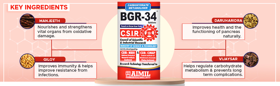 AIMIL BGR-34 Herbal Tablets for Blood Sugar Management | Natural Carbohydrate Metabolizer Developed by CSIR | Ayurvedic Supplement for Glucose Control with Gudmar & Vijaysar | 100 Tablets (Pack of 1)