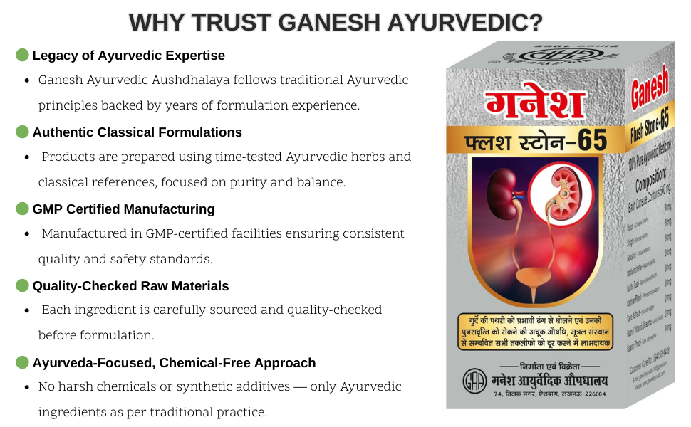 Ganesh Flush Stone 65 Ayurvedic Kidney Stone Capsules for Natural Kidney Detox, Herbal Support, Stone Removal, Inflammation Reduction & Kidney Health Protection - 60 Capsules