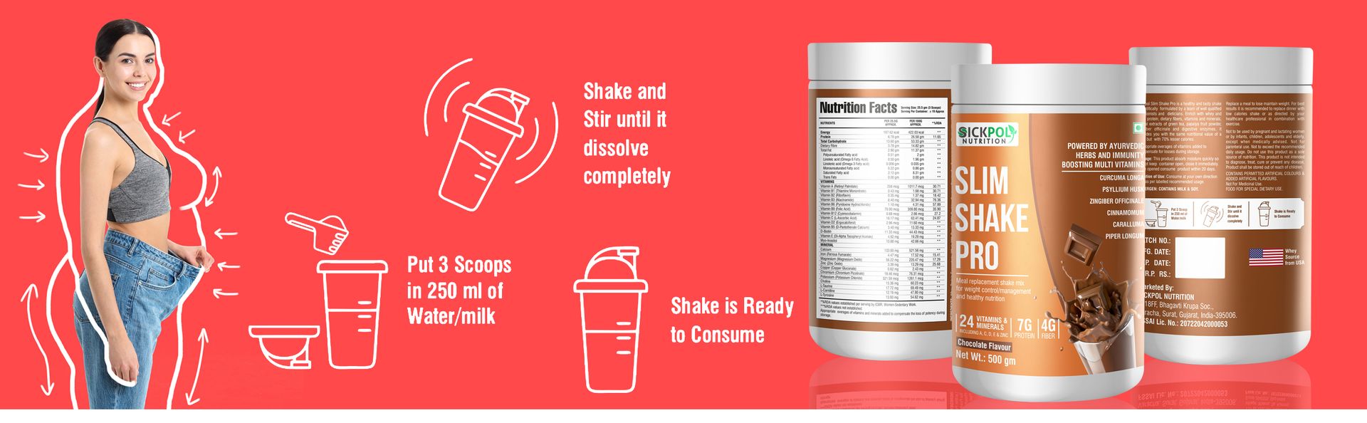 Slim Shake Pro Protein Powder-Meal Replacement Shake For Weight Control & Management-Sugar Free,Healthy,(7g Protien 4G fiber 24 Vitamins&Minerals) For Men & Women-500 Gm (Chocolate)