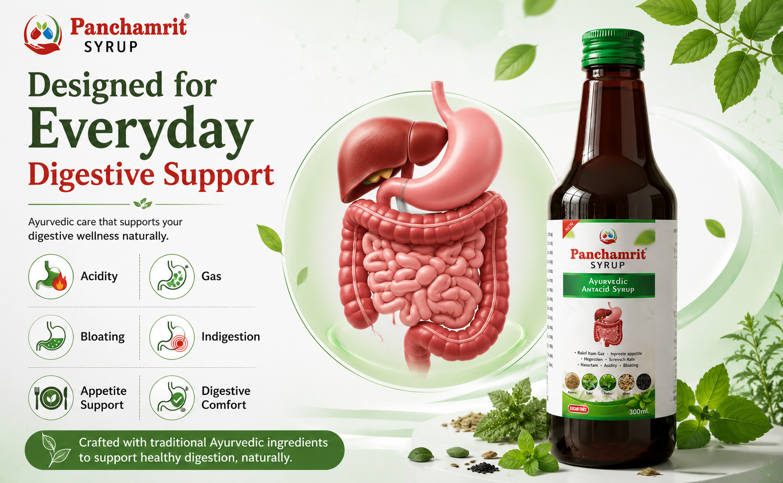 Panchamrit Ayurvedic Antacid Syrup 300ml – Herbal Digestive Tonic for Acidity, Gas, Bloating & Indigestion Relief | Sugar-Free Natural Formula with Traditional Ingredients for Gut Health & Appetite Support | Ayurvedic Proprietary Medicine
