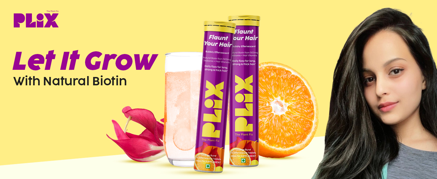 PLIX - THE PLANT FIX Heavenly Hair With Natural Biotin|15 Effervescent Tablets, Orange Flavour, Pack of 1|Supports Long, Lustrous, Strong Hair, |Vegan, Caffeine Free, Dairy Free, Sugar Free, Non GMO