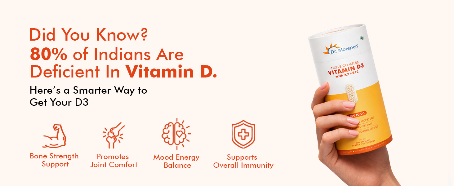 Dr. Morepen Triple Complex Vitamin D3 | 600 IU D3 + 55mcg K2 MK-7 + B12 | Supports Bone Strength, Calcium Absorption & Immunity | Plant-Based | 60 Capsules