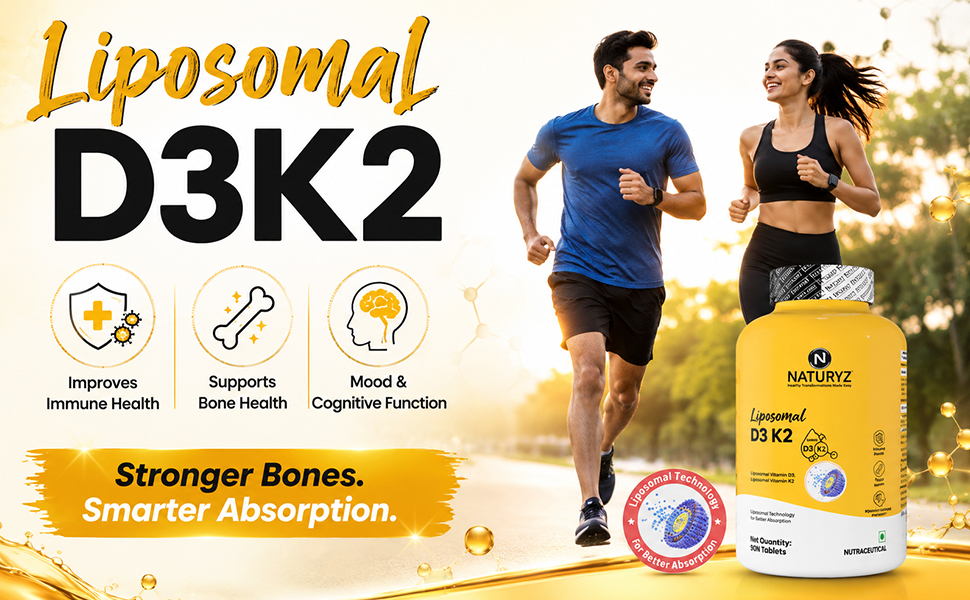 NATURYZ Liposomal Vitamin D3 K2 Supports Stronger Bones, Muscles, Immunity & Calcium Absorption | Advanced Liposomal Technology for Enhanced Nutrient Delivery | Plant based Lichen Vitamin D3 | Daily Wellness Supplement for Men & Women | 90 Veg Tablets