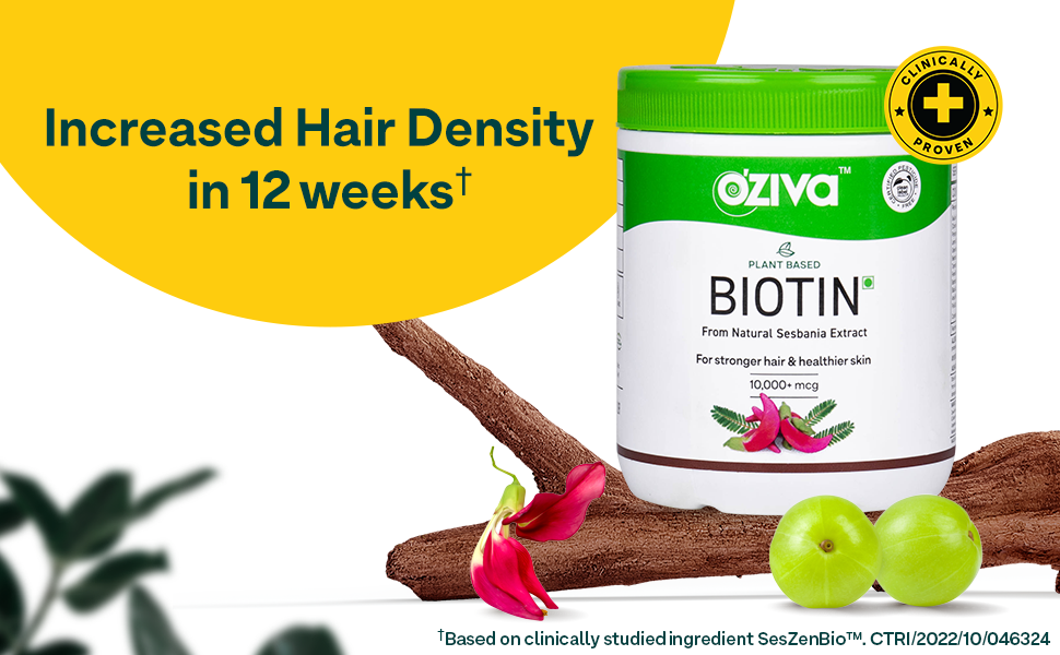 OZiva Plant Based Biotin for Hair Growth| Biotin Powder for Increased Hair Density, Shinier Hair, Healthier Skin & Nails (With Silica, Sesbania Agati), Certified Clean & Vegan, 125g (Classic)