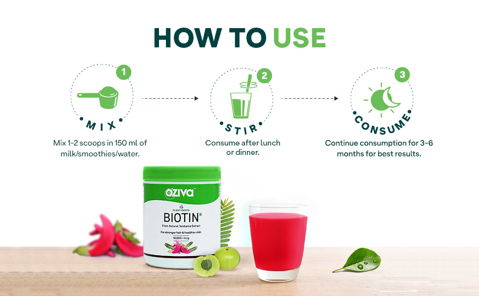 OZiva Plant Based Biotin for Hair Growth| Biotin Powder for Increased Hair Density, Shinier Hair, Healthier Skin & Nails (With Silica, Sesbania Agati), Certified Clean & Vegan, 125g (Classic)