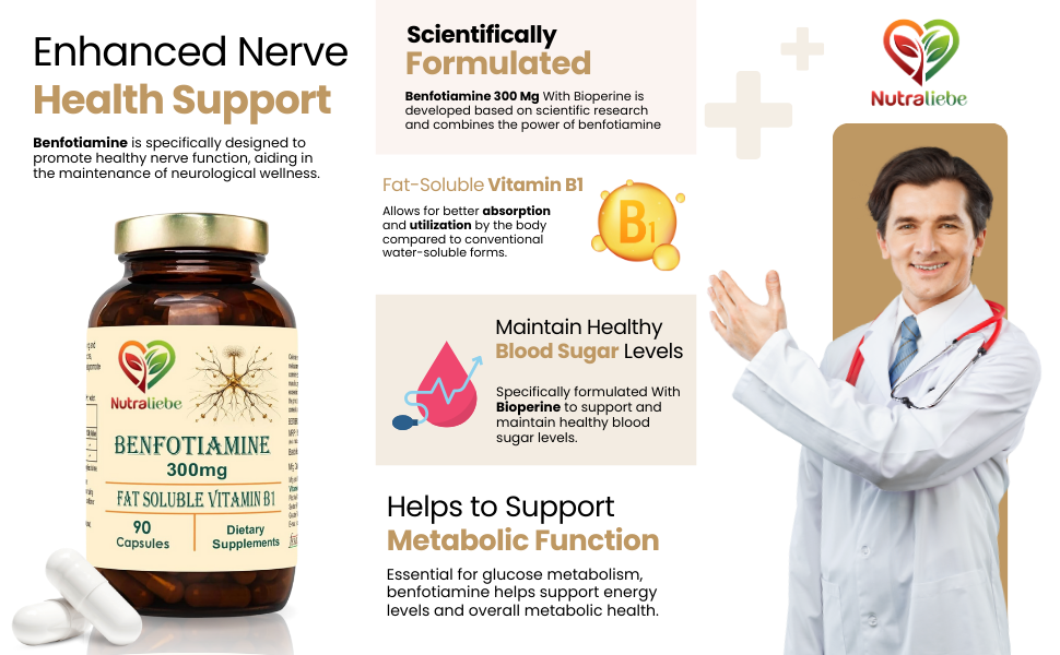 Benfotiamine 300mg - Fat Soluble Vitamin B1 for Nerve Health Support, 90 Capsules