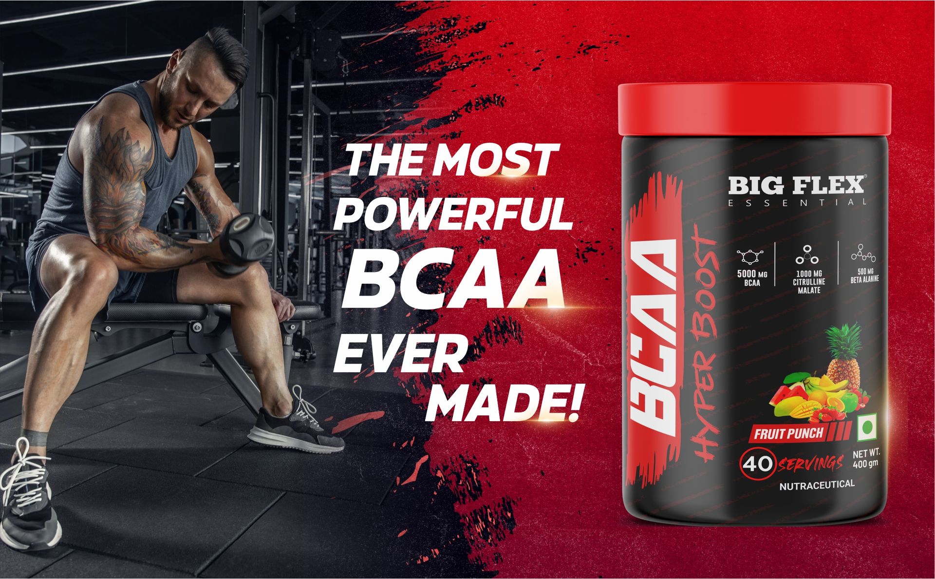 Bigflex Essential BCAA Hyperboost 5000mg Bcaa + 1000mg Citrulline malate | 500mg Beta Alanine | 500mg L-Taurine| Caffeine | Muscle Growth | Recovery | Energy - 40 Servings (Watermelon)