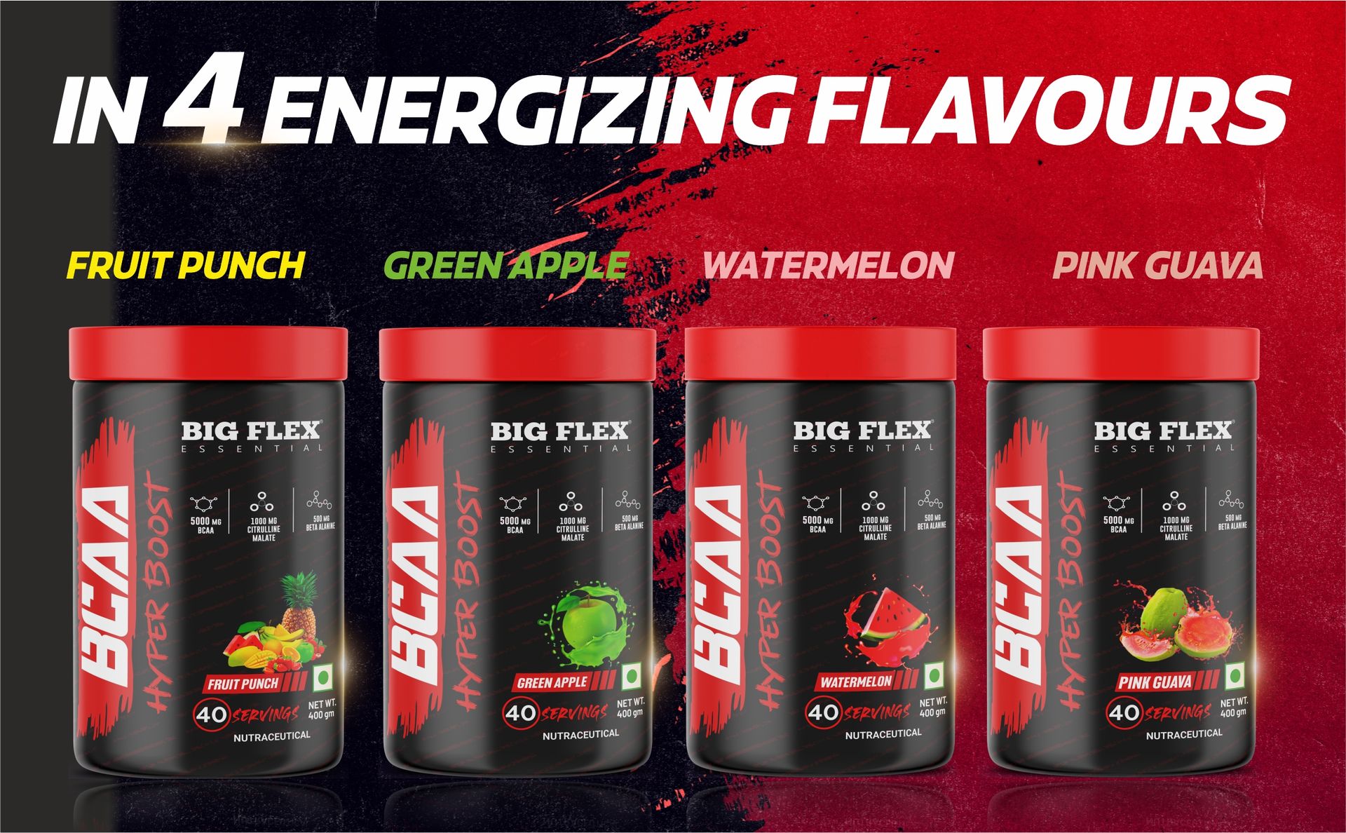 Bigflex Essential BCAA Hyperboost 5000mg Bcaa + 1000mg Citrulline malate | 500mg Beta Alanine | 500mg L-Taurine| Caffeine | Muscle Growth | Recovery | Energy - 40 Servings (Watermelon)
