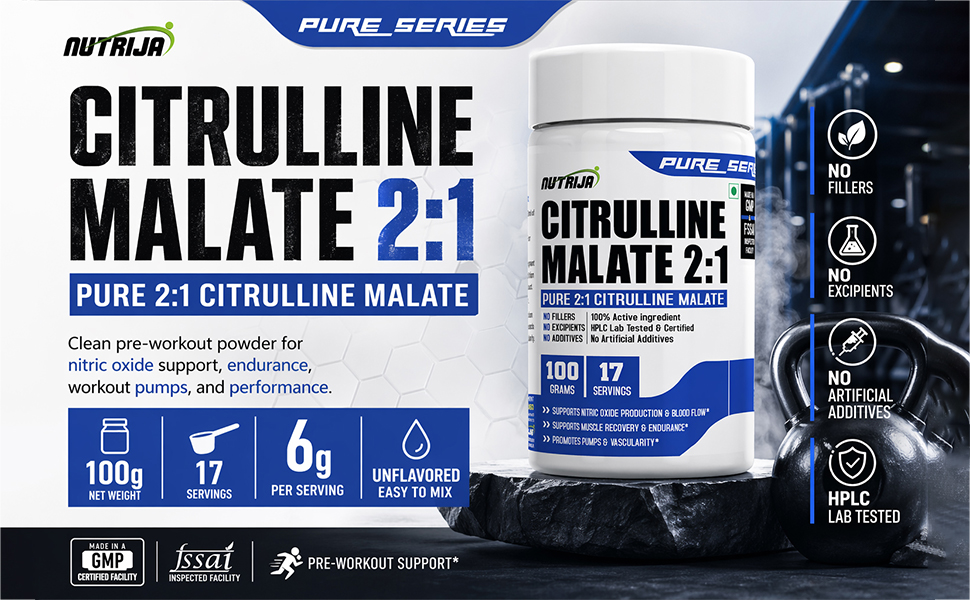 NutriJa Citrulline Malate 2:1 Powder 100g | 6g Per Serving | Pure Pre-Workout Blend for Pump and Endurance Support | 17 Servings