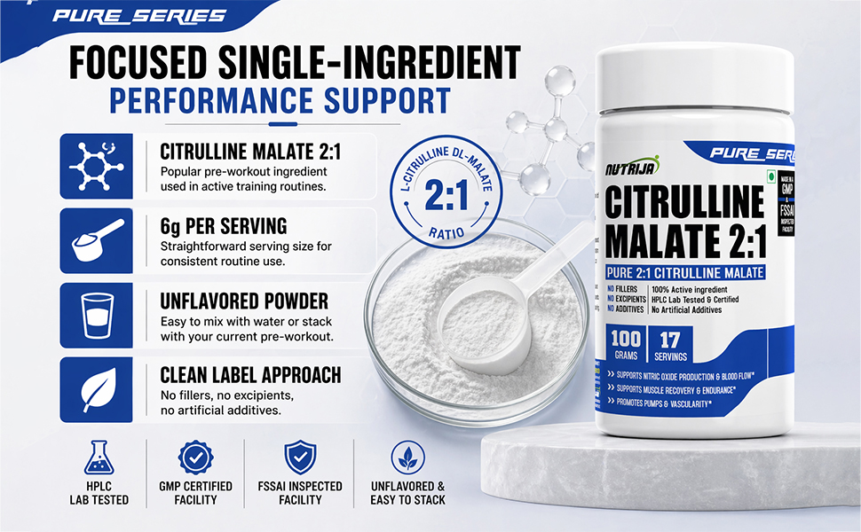 NutriJa Citrulline Malate 2:1 Powder 100g | 6g Per Serving | Pure Pre-Workout Blend for Pump and Endurance Support | 17 Servings