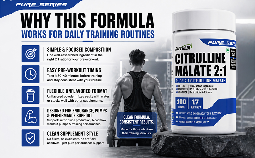 NutriJa Citrulline Malate 2:1 Powder 100g | 6g Per Serving | Pure Pre-Workout Blend for Pump and Endurance Support | 17 Servings