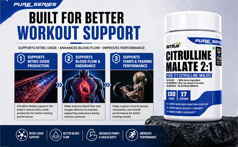 NutriJa Citrulline Malate 2:1 Powder 100g | 6g Per Serving | Pure Pre-Workout Blend for Pump and Endurance Support | 17 Servings
