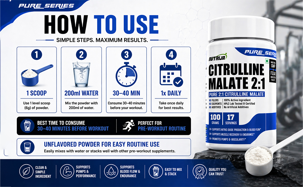 NutriJa Citrulline Malate 2:1 Powder 100g | 6g Per Serving | Pure Pre-Workout Blend for Pump and Endurance Support | 17 Servings
