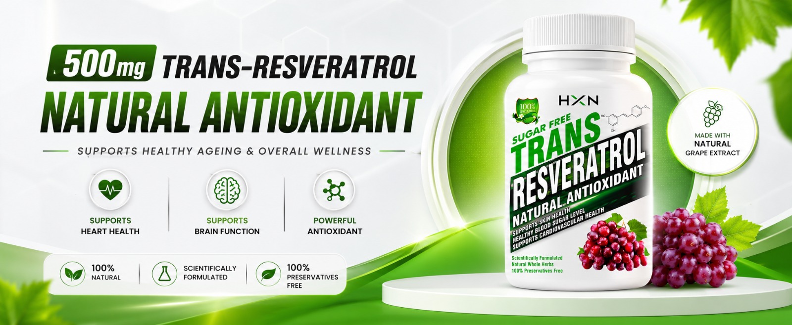 HXN Resveratrol 500mg Supplements With Grape Seed Extract, Quercetin Powder, Pomegranate To Balance Cholesterol, Antioxidant & Heart Health Care-60 Tablets (Pack 1)