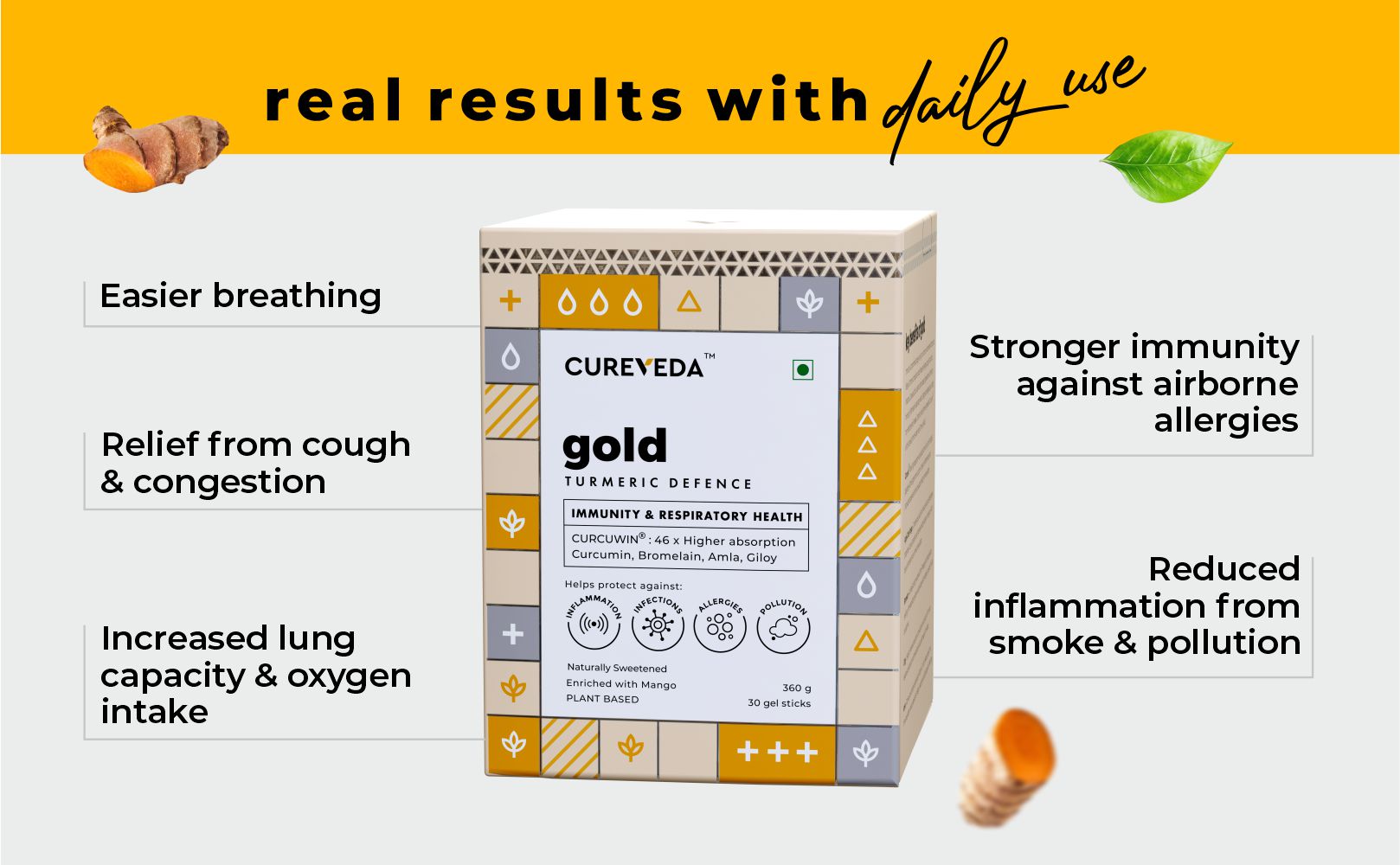 Cureveda Gold Turmeric Curcumin - CURCUWIN® 46X Higher Absorption with Bromelain Amla & Giloy For Immunity, Lung Detox Natural Antioxidant For Joint Health Anti inflammatory Supplement 30 Sachets