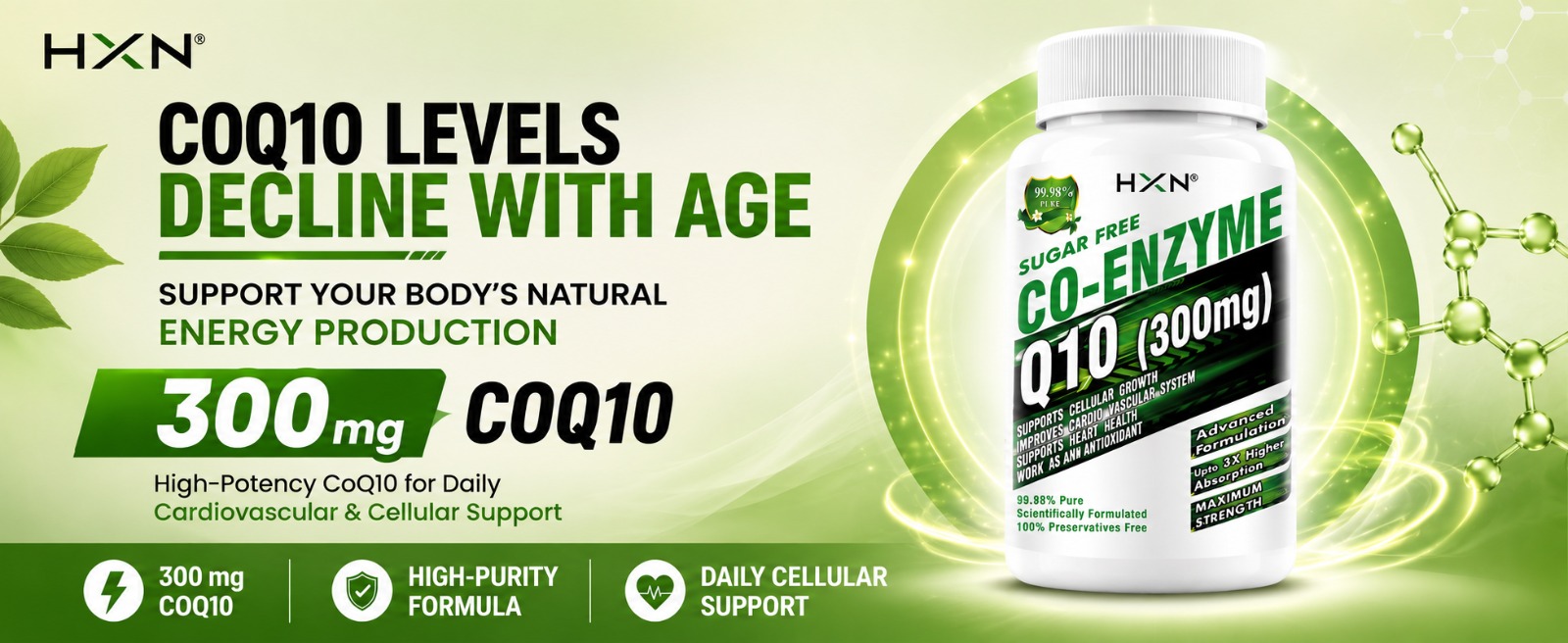 HXN CoQ10 Supplement 300mg, High Absorption Ubiquinol, 99.98% Pure, Heart Health and Cellular Energy Support Antioxidant Formula for Daily Wellness 60 Tablets