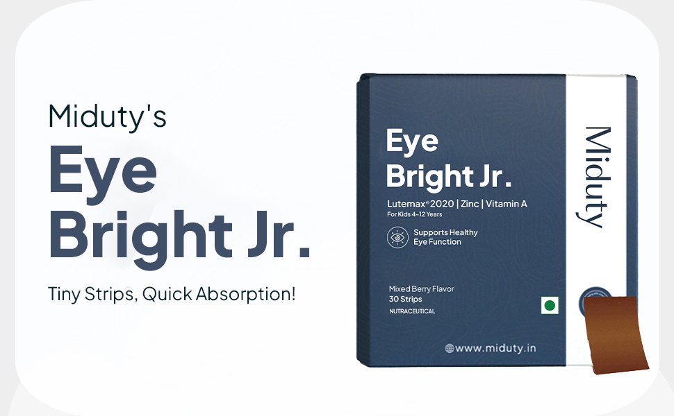 Miduty EyeBright Jr. Junior Strips for Kids- Lutemax 2020, Vitamin A, Zinc & Lycopene - Supports Blue Light Protection - Helps Eye Fatigue & Dryness - Natural Mixed Berry Flavour - 30 Strips