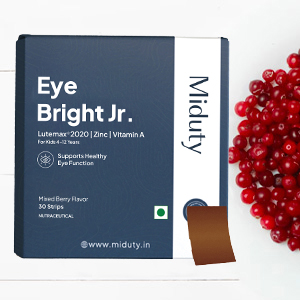 Miduty EyeBright Jr. Junior Strips for Kids- Lutemax 2020, Vitamin A, Zinc & Lycopene - Supports Blue Light Protection - Helps Eye Fatigue & Dryness - Natural Mixed Berry Flavour - 30 Strips
