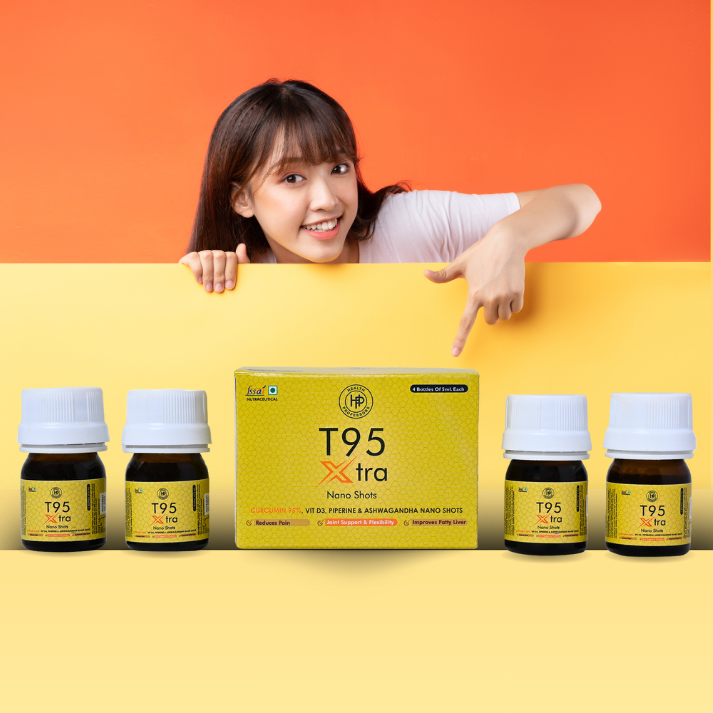 T95 XTRA Nano Shots Curcumin 95%, Vitamin D, Piperine 95% and Ashwagandha Nano Shots, Orange Flavour, 4 Bottles of 5ml | Anti inflammatory Supplement for Adults | Good For Skin & Joint pains