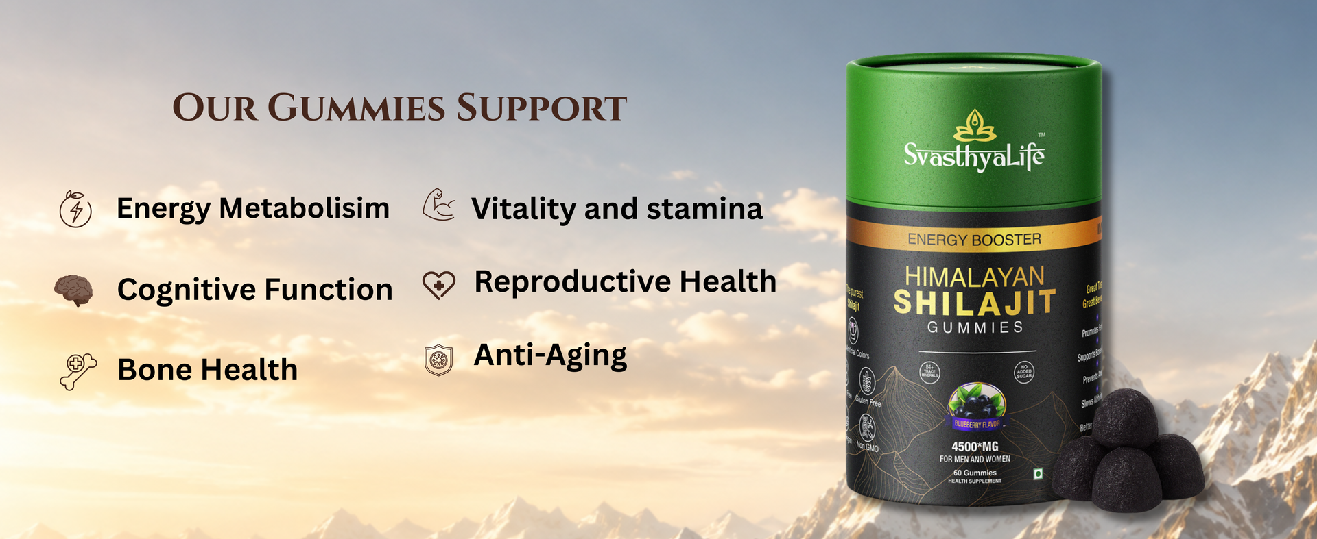 Himalayan Shilajit Gummies 4500mg with Fulvic Acid | Natural Energy & Focus Support | Blueberry Flavor | 60 Gummies | For Men & Women