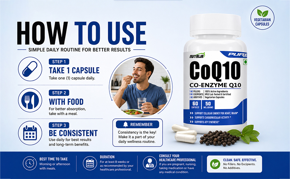 NutriJa CoQ10 (Co-Enzyme Q10) 50mg - 60 Veg Capsules | With Bioperine for Enhanced Absorption | Heart & Brain Health Support | Pure Co-Enzyme Q10